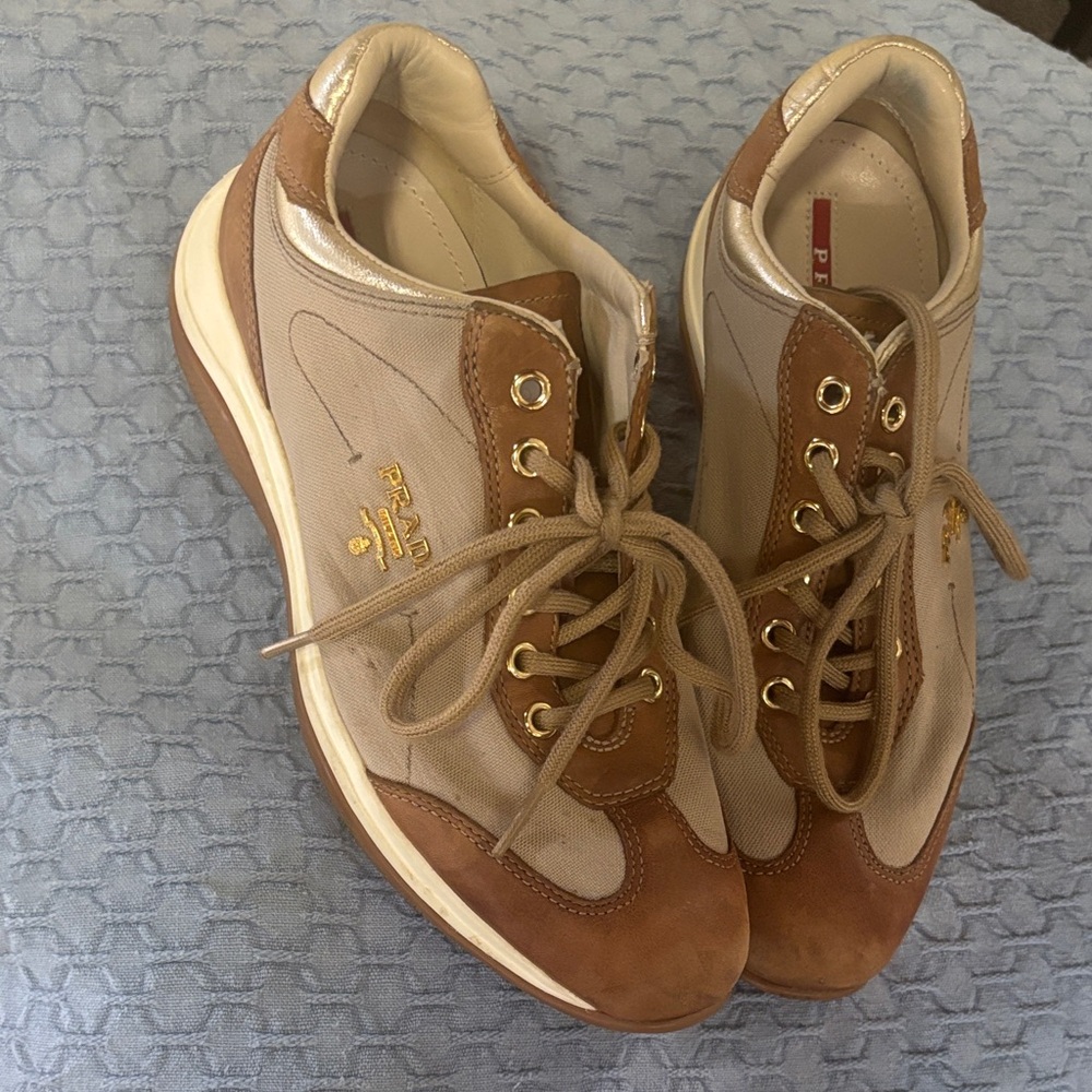 Prada Tan and Cream Lace-Up Sneakers